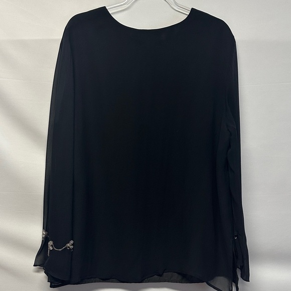 SilkLand 100% Silk Black Embellished Long Sleeve Women's Plus Size Blouse - Picture 3 of 3